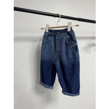 Unısex Erkek Kız Çocuk Pantolon Mavi Çift Renkli  Beli Lastikli Baloon Denim Jeans
