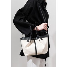 Kanvas Dikiş Detaylı Mini Çanta Bej