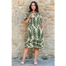 Kadın Desenli Haki Yeşil Kısa Kol Cepli Fırfırlı Büyük Beden Elbise Viskon Yazlık Tatil Elbisesi