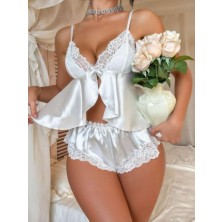 Visatin Lingerie Kadın Saten Şortlu Çeyizlik Gecelik Takım