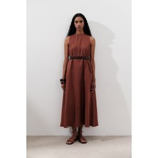 Keten Büzgülü Geniş Elbise Bakır