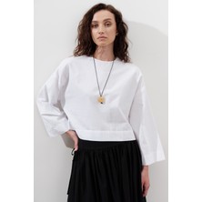 Pamuklu Crop Uzun Kol Bluz Ekru