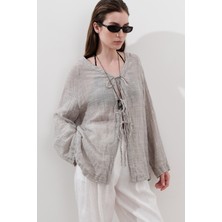 Keten Karışımlı Bağlamalı Bluz Natural