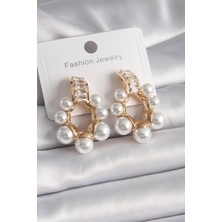 Pirinç Gold Renk Zirkon Taşlı Su Yolu Incili Halka Model Kadın Küpe