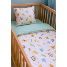 Bebek Özel Pamuk Bebek/Çocuk Yastık Çarşaf Yorgan Seti Safari Desen/ Mint Yeşili