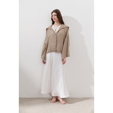 Keten Dikiş Detaylı Etek Ekru