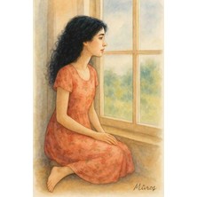 "pencere Kenarında Oturan Kadın"-Premium A3 Sanat Baskısı (Çerçeveli)