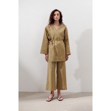 Keten Geniş Paça Pantolon Köri