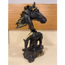 Dekoratif Obje At Başı Yavrulu Siyah Eskitme Altın Boy 30 cm