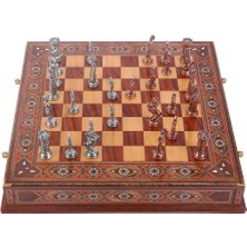 Büyük Boy Metal Ingiliz Satranç Takımı Antik ve El Yapımı Masif Hakiki Sedef Çekmeceli Tahta