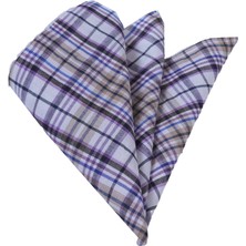 Beyaz Üzerine Mavi Lila Bej Ekose Kareli Cep Yaka Mendili