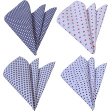 4'lü Beyaz Üzerine Geometrik Desen Baskılı Pamuk 4 In 1 Cep Yaka Mendil Seti