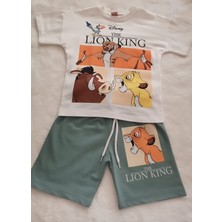Erkek Çocuk Lion King Aslan Baskılı Alt Üst Takım Yeşil Yarım Kollu Şortlu  Pamuklu 2'li Takım