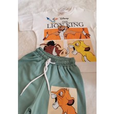 Erkek Çocuk Lion King Aslan Baskılı Alt Üst Takım Yeşil Yarım Kollu Şortlu  Pamuklu 2'li Takım