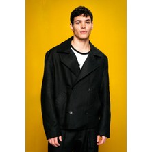 %100 Keten Kruvaze Siyah Ceket