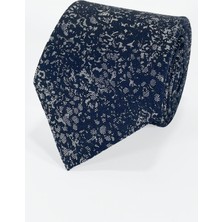 Lacivert Zemin Üzerine Gri Serpme Desenli Mikrofiber Kravat ve Mendil Takımı - 7 cm Modern Kesim