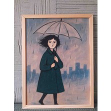 "yağmur Altında Kadın" Suluboya Sanat Eseri /premium Sanat Baskısı A3 Çerçeveli