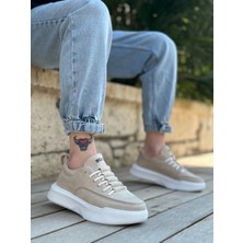 ET0332 Merdiven Desen Bağcıklı Erkek Yüksek Taban Krem Süet Spor Ayakkabı