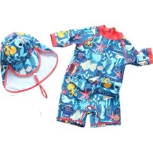 Petityu UPF50+ Güneş Korumalı Mayo Şapka Set Mavi Kırmızı Biyeli Deniz Canlıları