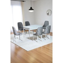 Kaktüs Avm Sonata Beyaz 80 x 132 Açılabilen Mdf Masa Metal Ayaklı Mutfak Masası Takımı 6 Gri Sandalye