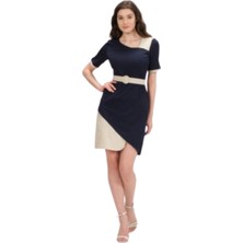 Lacivert-Bej Detaylı Kısa Kollu Kemerli Kısa Kalem Elbise