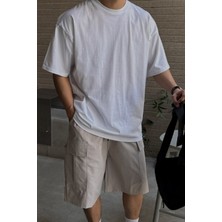 Tarz Cool Erkek %100 Pamuklu Kalın Dokulu Oversize Bisiklet Yakalı Beyaz T-Shirt