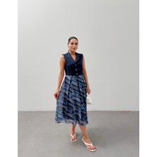 Lacivert Erkek Yaka Kolsuz Şifon Etekli Midi Boy Kot Elbise