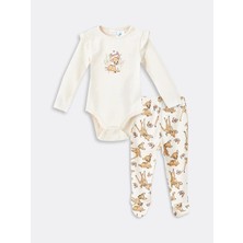 Lcw Baby Bej Bambi Baskılı Kız Bebek Çıtçıtlı Body ve Pantolon 2'li