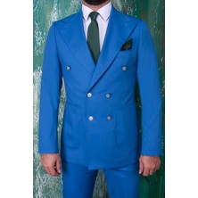 Paco Romano Erkek Slim Fit Sivri Yaka Mavi Kruvaze Takım Elbise