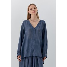 Oversize V Yaka Gömlek Indigo
