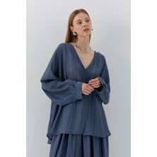 Oversize V Yaka Gömlek Indigo