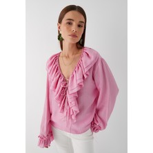 V Yaka Bağcıklı Bluz Pembe