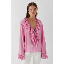 V Yaka Bağcıklı Bluz Pembe