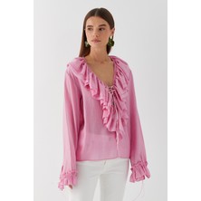 V Yaka Bağcıklı Bluz Pembe