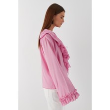 V Yaka Bağcıklı Bluz Pembe