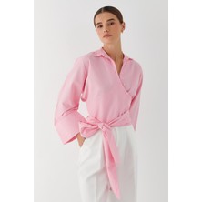 Kolları Manşetli Kuşaklı Gömlek Pembe