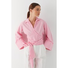 Kolları Manşetli Kuşaklı Gömlek Pembe