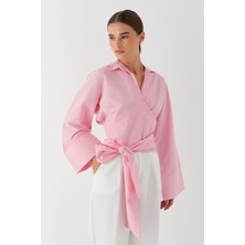 Kolları Manşetli Kuşaklı Gömlek Pembe