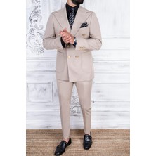 Paco Romano Erkek Slim Fit Sivri Yaka Bej Kruvaze Takım Elbise