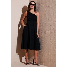 Tek Omuz Lastik Gipeli Pamuklu Midi Elbise