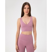 Ayma Active Pembe Organik Pamuk Dekolteli Göğüs Pedli Çapraz Askılı Crop Halter Büstiyer