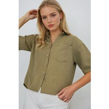 Kadın Haki Keten Görünümlü Crop Gömlek HZL25S-BD1203391