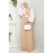 Gül Kemerli Kolları Şifon Abiye Elbise Bej HM2666