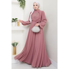 Boncuklu Şifon Abiye Elbise Gül Kurusu HM2667