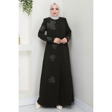 Büyük Beden Lale Taşlı Anne Elbisesi Haki HM2692