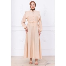 Bolerolu Beli Lastikli Elbise Bej HM2756