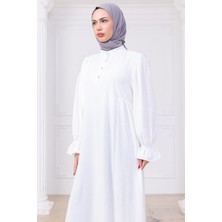 Kolları Lastikli Eva Tesettür Elbise Beyaz HM2758