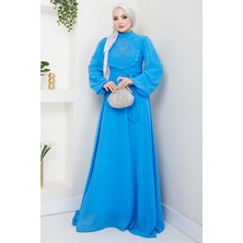 Boncuklu Şifon Abiye Elbise Mavi HM2667