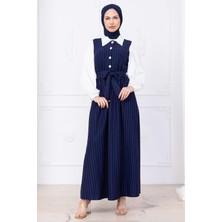 Kol Garnili Çizgili Tesettür Elbise Lacivert HM2740