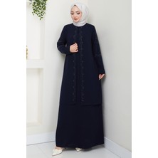 Büyük Beden Boncuklu Taşlı Anne Elbisesi Lacivert HM2693